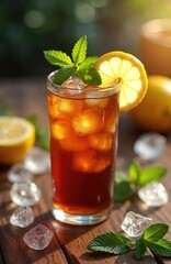 Iced tea with lemon slice and mint leaf. Refreshing beverage, perfect summer cocktail. Drink contains ice cubes. Cold liquid in glass at wooden table. Healthy food, cafe bar.