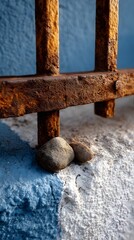 Close up view of a weathered, rusty metal bars with stones