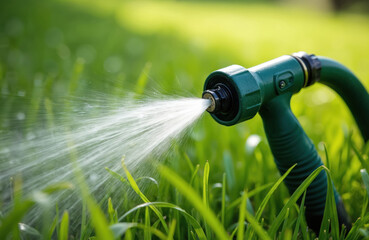 Green water hose with water jet sprays water on green grass lawn. Irrigation sprinkler system. Refreshing water drops, summer gardening maintenance, yard care. Plants need water for growth.