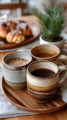 Cozy morning scene featuring three mugs of coffee, with croissants in the background and a small plant. It evokes a warm, inviting atmosphere