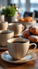 A serene close-up of a cup of coffee set on a table, accompanied by pastries. The image highlights the details of the cup and the soft lighting