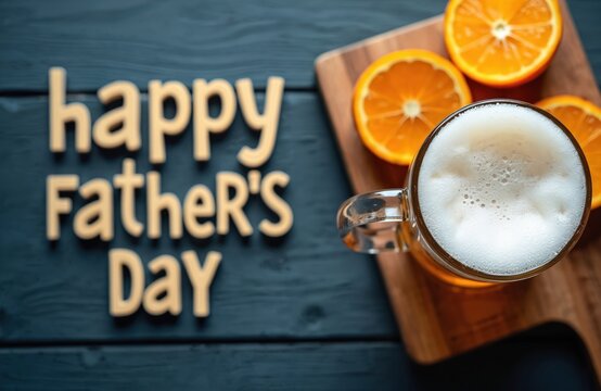 Top-down view of Father Day themed image. Includes beer in glass mug and orange slices on wooden cutting board, along with words Happy Fathers Day. Ideal for greeting cards and holiday promotions.