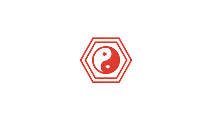 Yin yang symbol in red hexagonal frame on a white background  