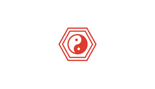 Yin yang symbol in red hexagonal frame on a white background  