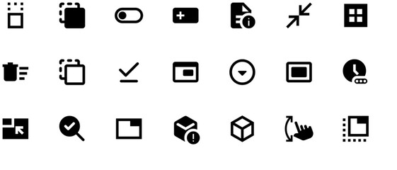 Minimalistic black and white vector icons for mobile apps and web design, 20-icon set with simple shapes, SVG file, pixel-perfect on white background.