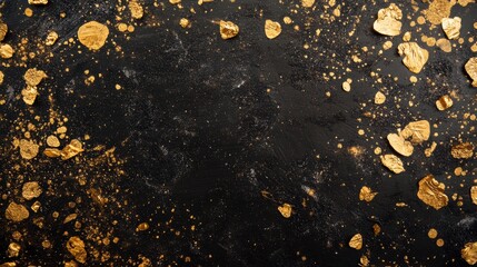 Abstract black background with scattered gold foil.