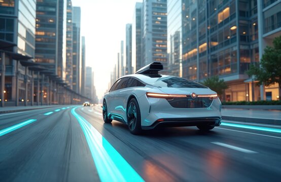 Autonomous car travels futuristic city at high speed. Full self-driving electric vehicle rides urban highway. Modern technology in city transport, future transportation. Self-driving auto concept.