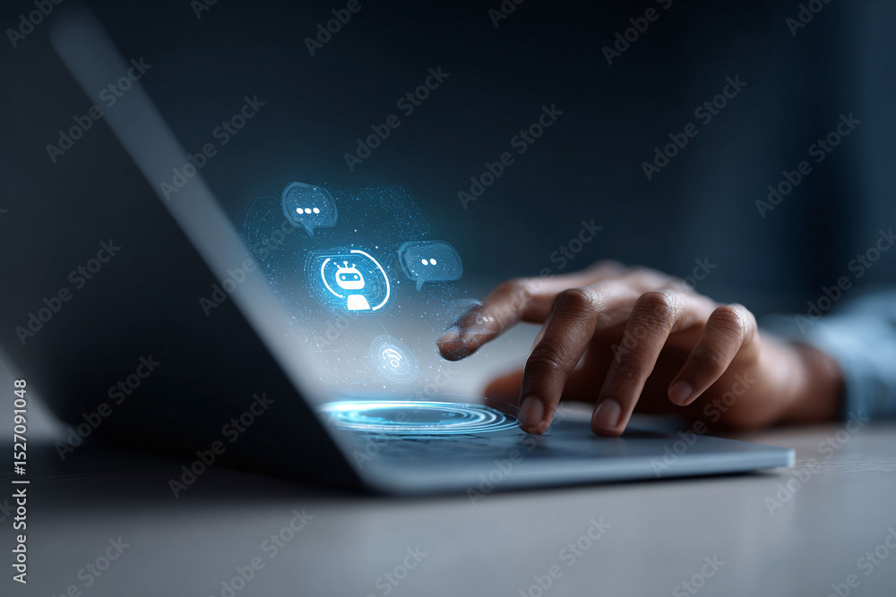 Poster hand interacting with ai chatbot interface on a laptop. represents digital communication, automation