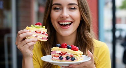 Joyful Woman Enjoying Delicious Fruit Tart Dessert