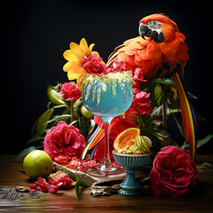 An exotic blue cocktail adorned with yellow and pink flowers, surrounded by vibrant fruits and a scarlet macaw with elaborate plumage. An exotic, festive, and luxurious atmosphere.