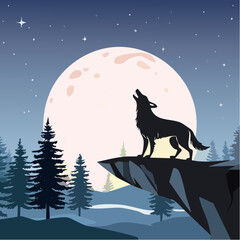 Wolves Howling at Moon on Ridge &ndash; Snow underfoot, conifer trees silhouetted.

