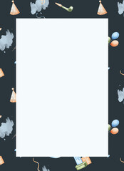 Rectangular watercolor frame with holiday elements with space for text. Gifts, hat, doodles, streamers, garland, balloons. For holiday decor, backgrounds, wrapping paper. Dark background