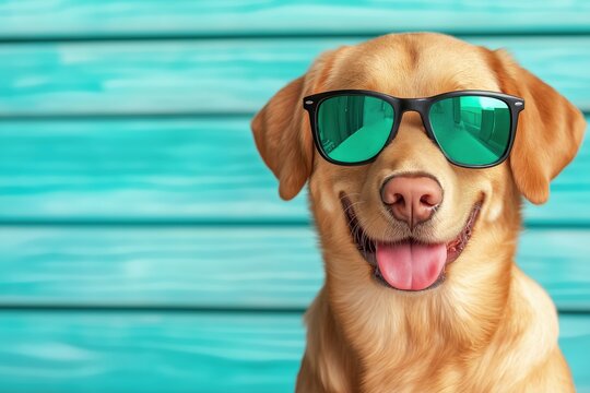 Golden retriever dog wearing sunglasses, smiling joyfully on turquoise wood background, copy space - Powered by Adobe