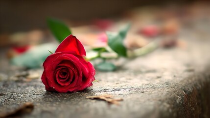 A solitary red rose glistening with morning dew a symbol of remembrance and enduring love placed on a weathered stone