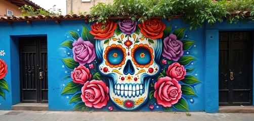 Fototapeta premium Colorful sugar skull mural on blue wall in Mexico City alleyway. Day of the Dead art, flowers and rose decorations, urban street art. Vibrant cultural heritage, Mexican tradition.