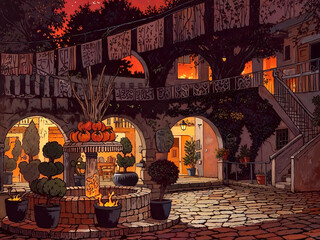 woodcut style illustration of Mexican style courtyard decorated for Halloween with pumpkins and Papel picado (cut paper decorations) in evening