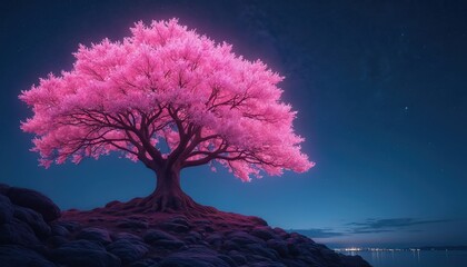 Majestic neon blooming tree with vibrant pink foliage stands on rocky hill under night sky. Tranquil waters, skyline. Natural beauty in art style, perfect for serene, fantastic, zen or wallpaper.