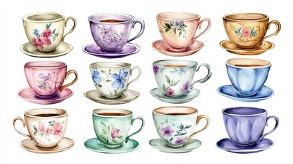 Twelve watercolor illustrations of vintage teacups and saucers with floral designs.