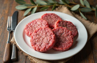 Raw burger patties on white plate with rustic fork, knife. Fresh ground beef for homemade burgers, cooking, preparing meal. Close-up of protein food ready to grill.