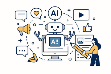 AI marketing automation concept. Woman uses artificial intelligence for content creation and social media. Robot assistant for digital business strategy, copywriting, and customer engagement.