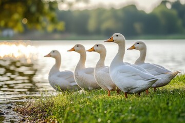A group of white ducks standing on the grass near the water Generative AI