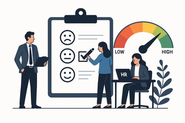 Employee engagement metrics concept with HR team. Business worker giving feedback on a job satisfaction survey. Performance review assessment with mood rating from low to high.