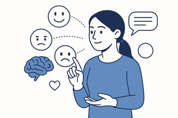 Emotional intelligence concept. Woman managing feelings. Self-awareness, mood regulation. Mental health psychology. Empathy and social skill. EQ development. Brain, heart, emotion icons.