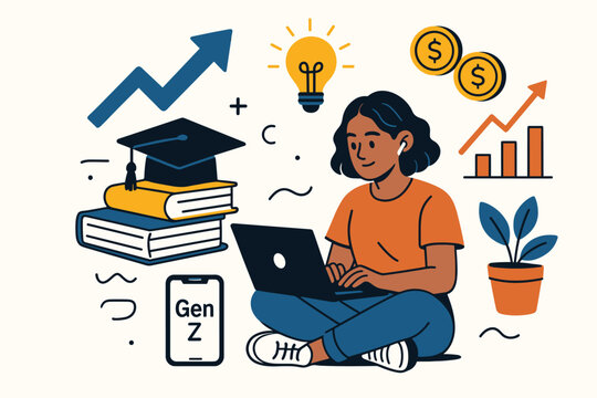 Gen Z student with laptop learning about finance, investment, and career growth. Concept of online education, financial literacy, innovation, and startup ideas for young people.