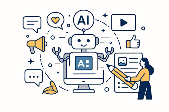 AI marketing automation concept. Woman uses artificial intelligence for content creation and social media. Robot assistant for digital business strategy, copywriting, and customer engagement.