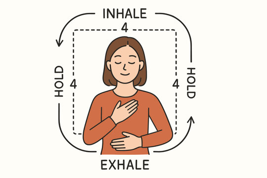 Box breathing exercise guide. Woman practicing square breathing for relaxation. Inhale, hold, exhale. Mindfulness technique for stress and anxiety relief. Mental health concept.
