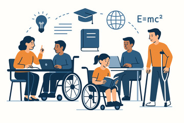 Inclusive education for disabled students. People with special needs learning in an accessible classroom. Students in a wheelchair and on crutches studying. Diversity and equality concept vector.
