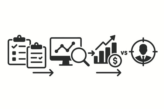 Competitor analysis workflow icon set. Business strategy process for market research, data evaluation, financial performance review, and targeting rivals. Vector infographic concept.