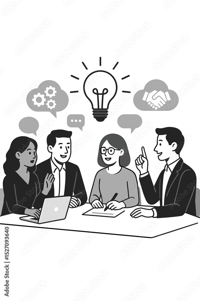 Poster brainstorming session concept with creative business team. people in a meeting discussing strategy a