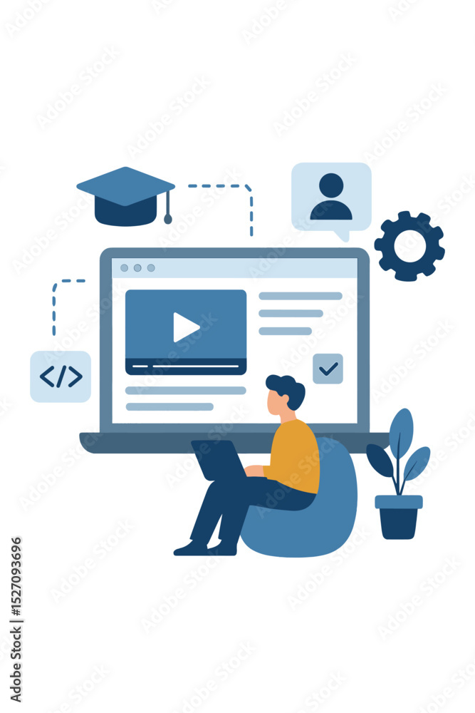 Poster e-learning vector illustration for online education. man with laptop studies via video tutorial. con