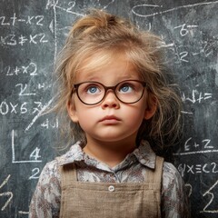 A thoughtful young girl in glasses looking up with chalkboard filled with math equations in background. The girl has her hair in a messy bun.