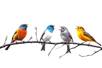 Colorful birds singing together on a branch in nature vibrant wildlife cut out on transparent background