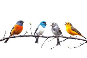 Colorful birds singing together on a branch in nature vibrant wildlife cut out on transparent background