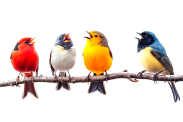 Vibrant songbirds singing together on branch natural habitat wildlife close-up isolated on transparent background
