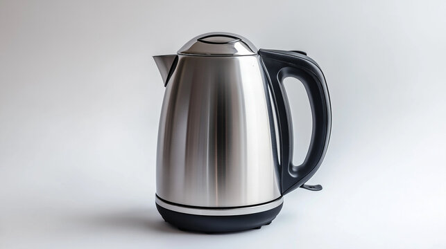A sleek stainless steel electric kettle with a modern design, placed on a clean white background.
