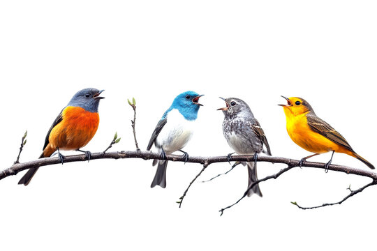 Colorful birds singing together on a branch in nature vibrant wildlife cut out on transparent background