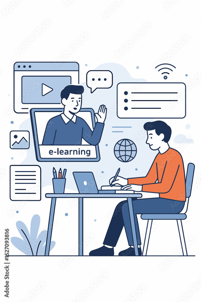 Poster e-learning online course concept with student watching lesson on laptop. man studying from home with