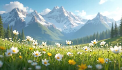 Fototapeta premium Scenic illustration blooming white and yellow flowers in meadow. Snow-capped mountains, green hills, forest, blue sky background. Springtime in Alps, travel, tourism, vacations. Natural beauty.