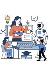 AI in education concept. Artificial intelligence robot assistant and teacher for e-learning. Students in virtual classroom with laptop. Future technology, webinar, online school.