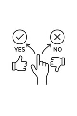Choice between Yes and No concept line icon. Hand making a decision. Thumbs up for approve, thumbs down for reject. Feedback, survey, voting, review vector. Positive or negative.
