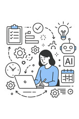 AI powered task automation concept with woman at laptop. Business process optimization using artificial intelligence. Workflow, productivity, efficiency, time management line art vector.