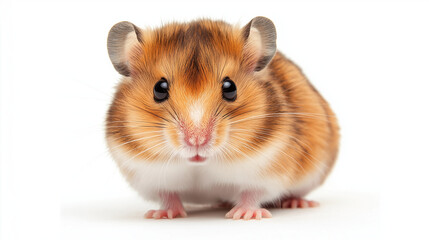 A full-body hamster with soft fur and tiny paws, isolated on a clean white background.
