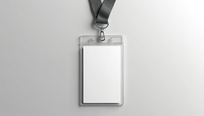 Blank ID card mockup, plastic badge attached to grey ribbon. Employee access control, verification, credential. Pro design template with copy space for your logo. Security card.