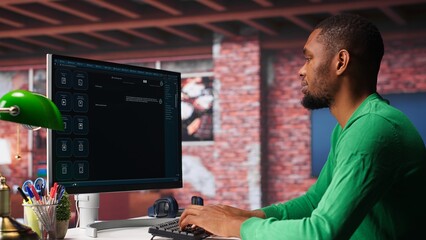 African american guy uses artificial intelligence chatbot trained to understand and generate...