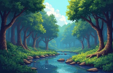 Pixel art illustration forest landscape with river, trees, bushes. Pixelated image, retro style, perfect for video games, mobile apps. Adventure, nature scene, cartoon, graphic, level for play.