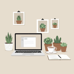 Laptop and computer on a table in a home office with cacti and succulents, vector illustration.